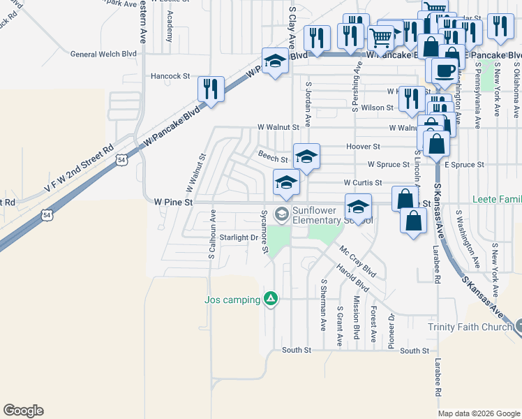 map of restaurants, bars, coffee shops, grocery stores, and more near 426-454 Driftwood Lane in Liberal