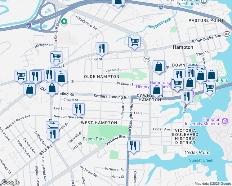 map of restaurants, bars, coffee shops, grocery stores, and more near 227 Settlers Landing Road in Hampton