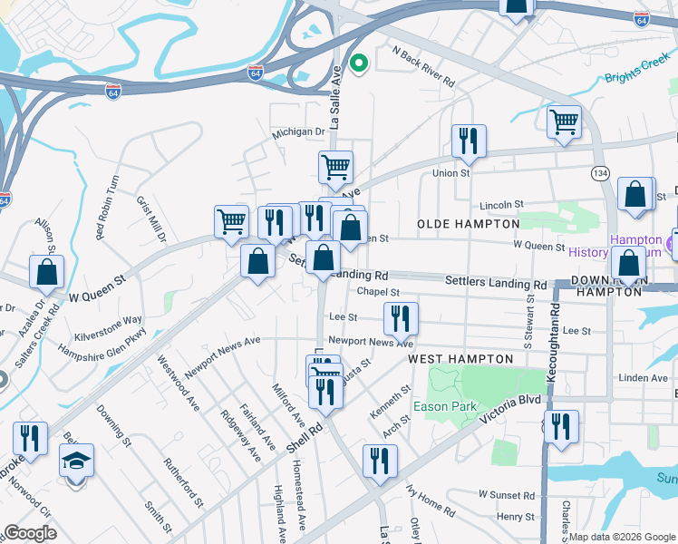map of restaurants, bars, coffee shops, grocery stores, and more near 810 LaSalle Avenue in Hampton