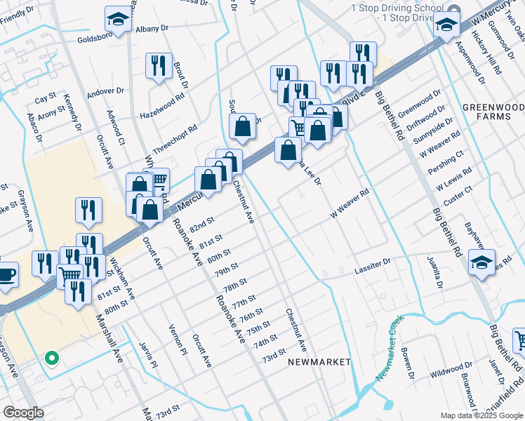 map of restaurants, bars, coffee shops, grocery stores, and more near 4719 81st Street in Hampton