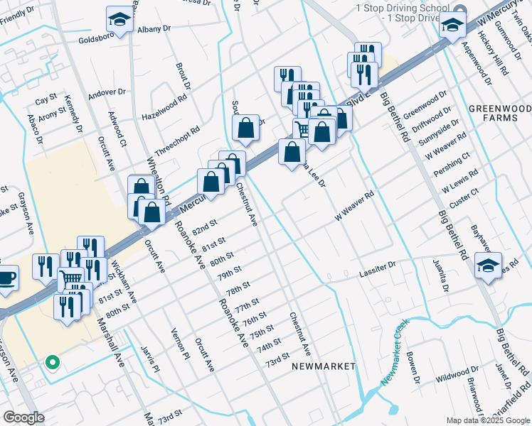 map of restaurants, bars, coffee shops, grocery stores, and more near 4719 81st Street in Hampton