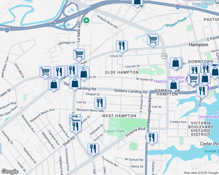 map of restaurants, bars, coffee shops, grocery stores, and more near 142 Settlers Landing Road in Hampton
