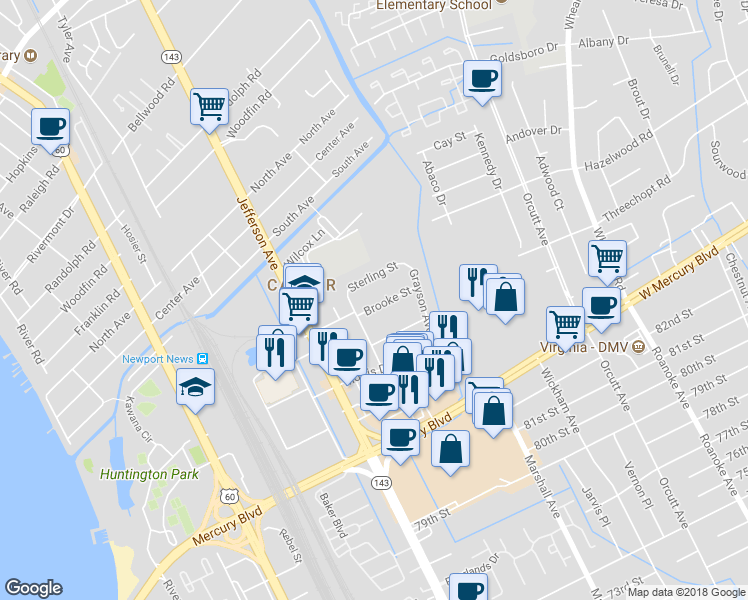 map of restaurants, bars, coffee shops, grocery stores, and more near 621 Brooke Street in Newport News