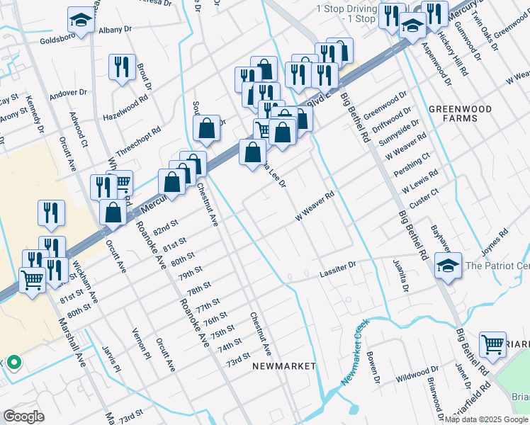 map of restaurants, bars, coffee shops, grocery stores, and more near 1307 Wolftrap Court in Newport News