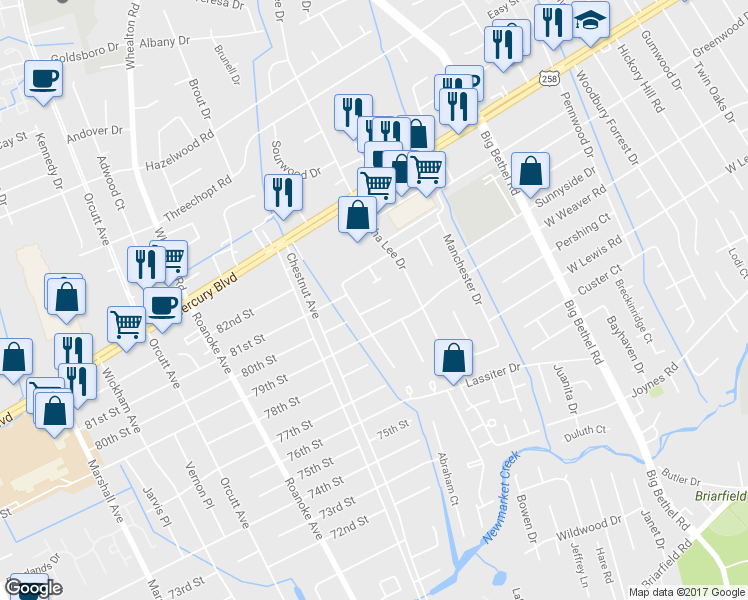 map of restaurants, bars, coffee shops, grocery stores, and more near 1307 Wolftrap Court in Newport News