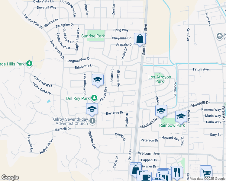 map of restaurants, bars, coffee shops, grocery stores, and more near 1231 Lerma Lane in Gilroy