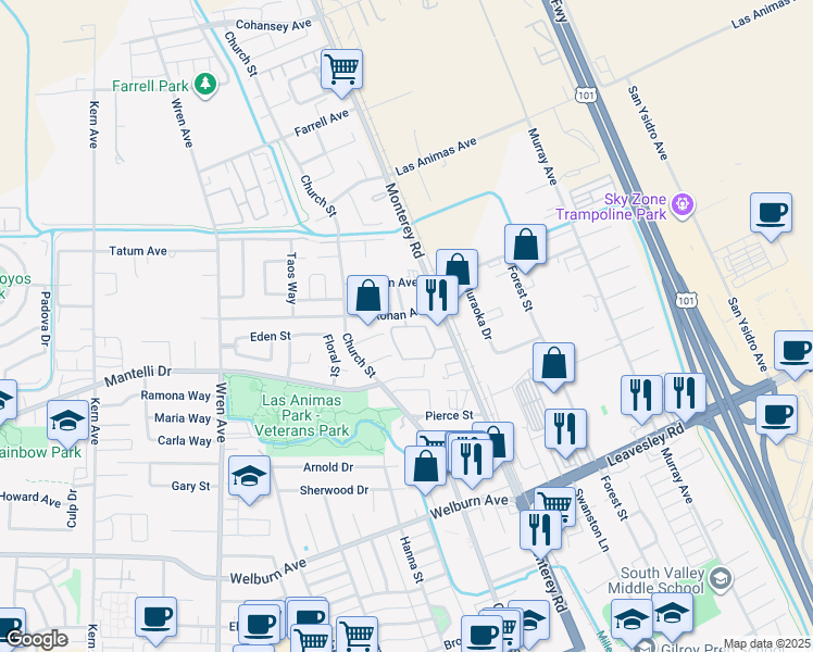 map of restaurants, bars, coffee shops, grocery stores, and more near 8801 Lilly Avenue in Gilroy