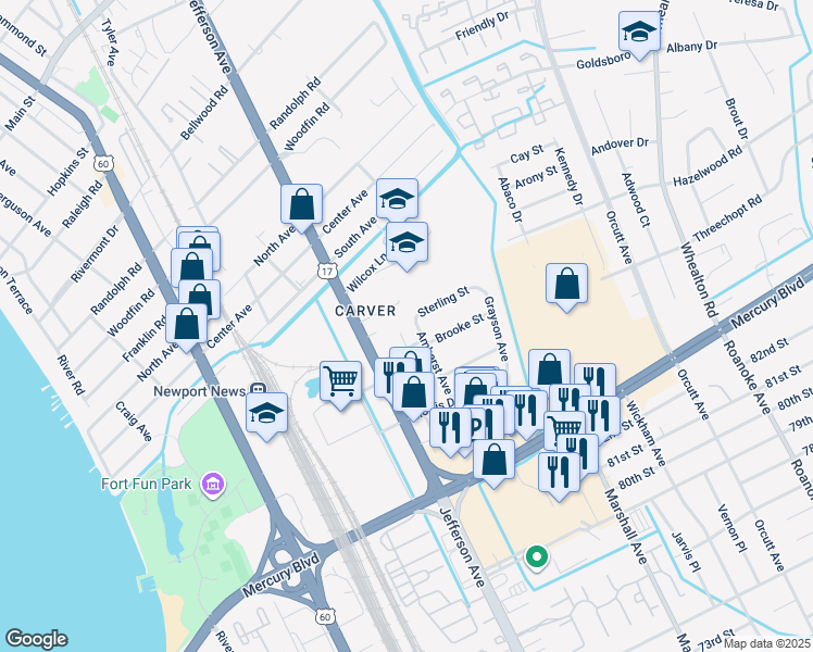 map of restaurants, bars, coffee shops, grocery stores, and more near 6125 Amherst Avenue in Newport News