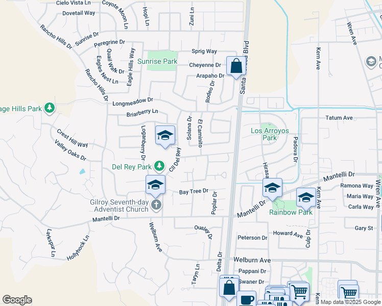 map of restaurants, bars, coffee shops, grocery stores, and more near 1231 Lerma Lane in Gilroy