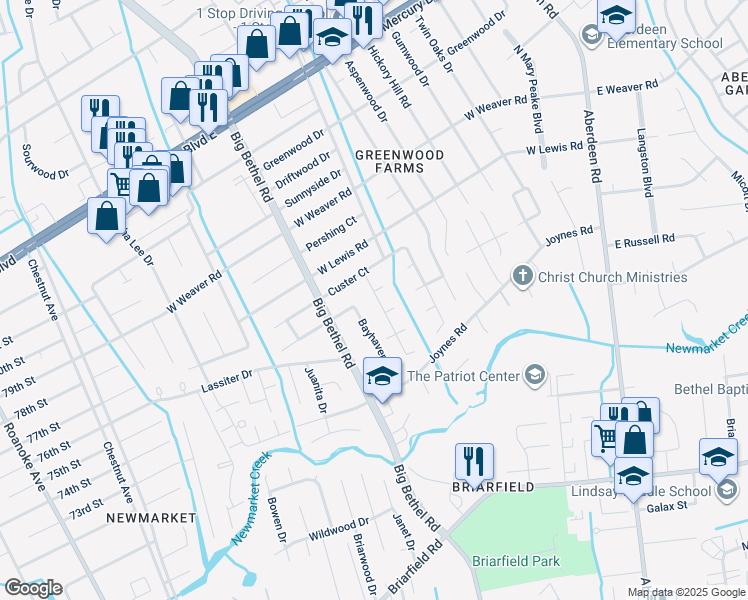 map of restaurants, bars, coffee shops, grocery stores, and more near 210 Breckinridge Court in Hampton