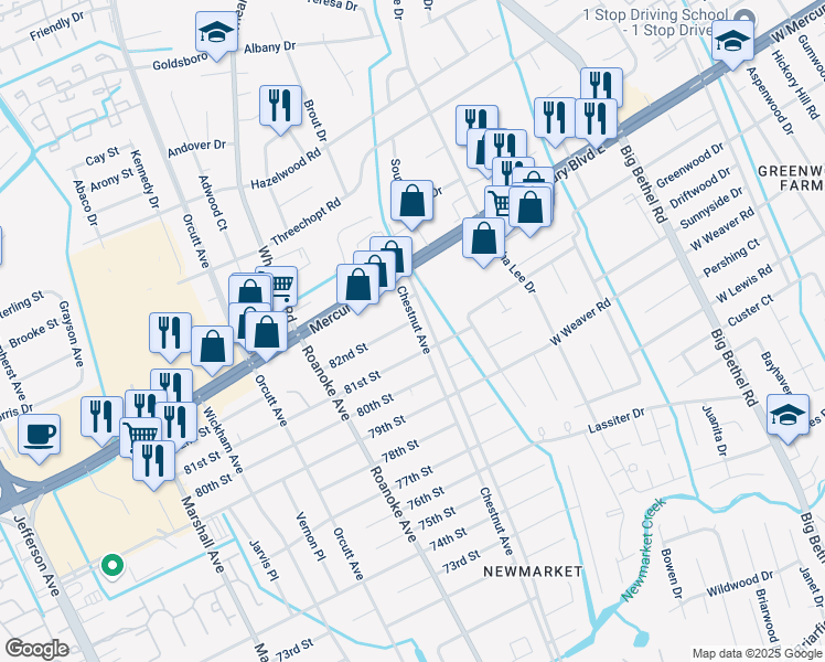 map of restaurants, bars, coffee shops, grocery stores, and more near 4804 81st Street in Newport News
