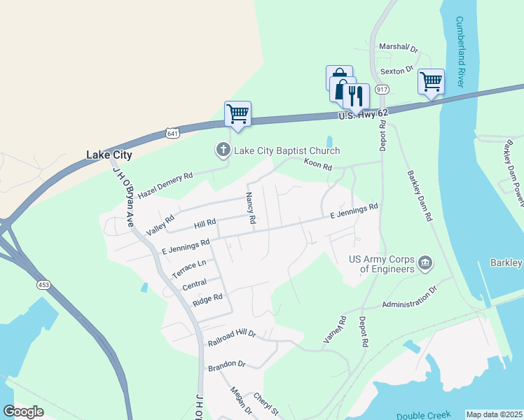 map of restaurants, bars, coffee shops, grocery stores, and more near 171 Mountain Road in Grand Rivers