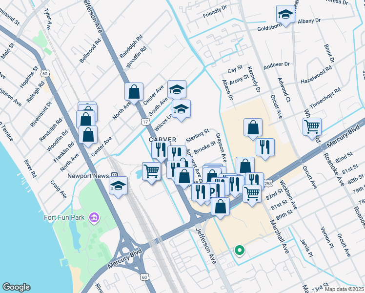 map of restaurants, bars, coffee shops, grocery stores, and more near 6125 Amherst Avenue in Newport News