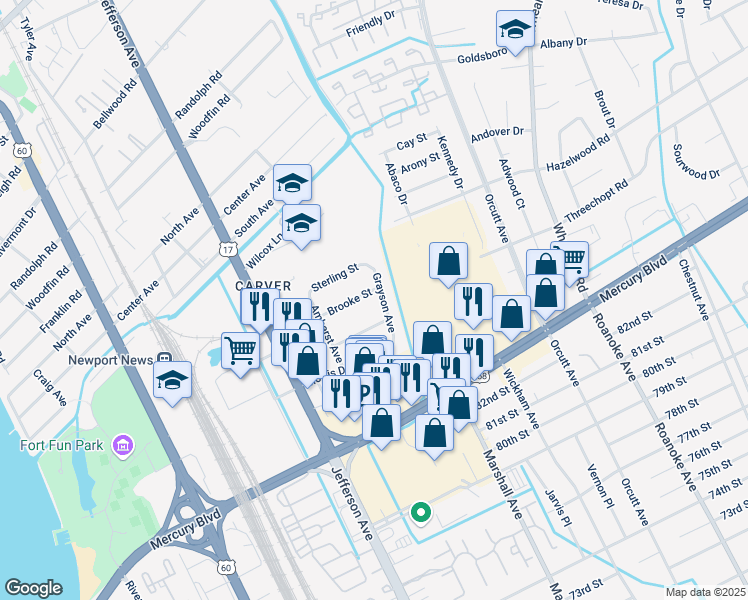 map of restaurants, bars, coffee shops, grocery stores, and more near 633 Brewer Street in Newport News