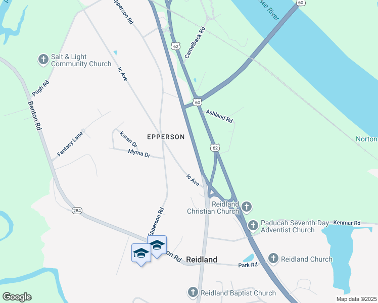 map of restaurants, bars, coffee shops, grocery stores, and more near 5105 Reidland Road in Paducah