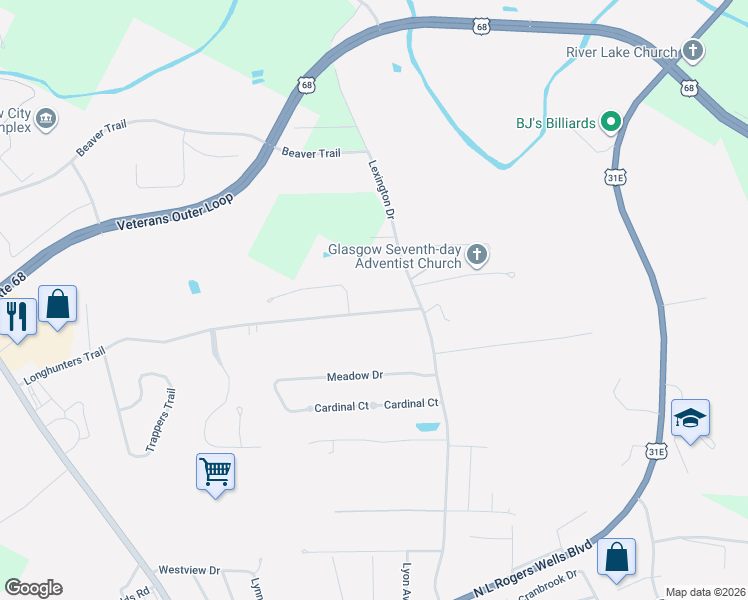 map of restaurants, bars, coffee shops, grocery stores, and more near Longhunters Trail in Glasgow