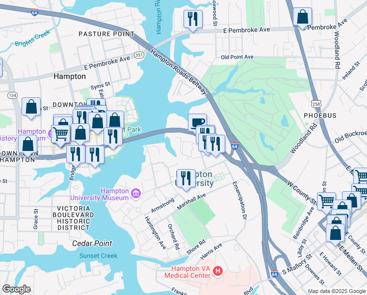 map of restaurants, bars, coffee shops, grocery stores, and more near 8 Hampton Harbor Avenue in Hampton