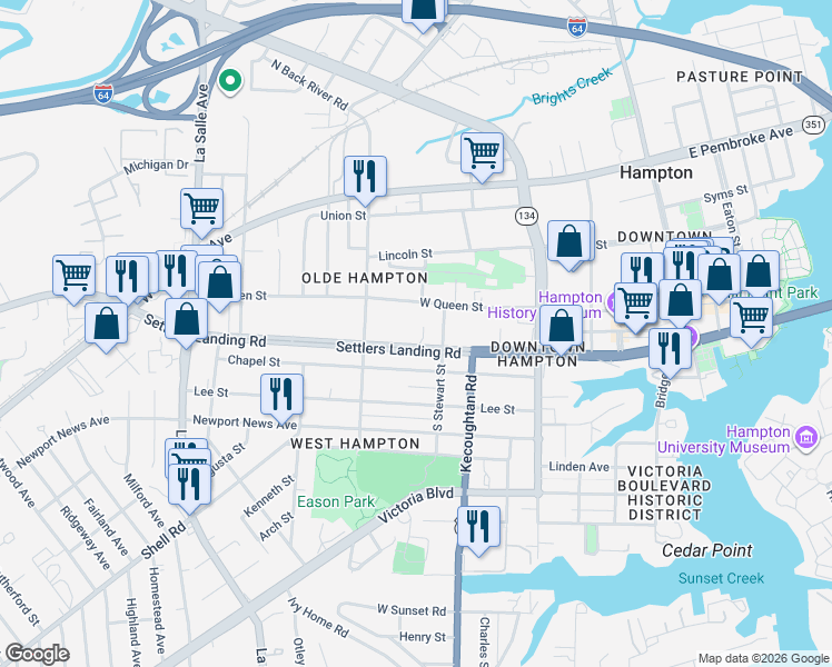 map of restaurants, bars, coffee shops, grocery stores, and more near 227 Settlers Landing Road in Hampton
