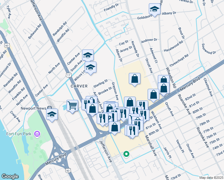 map of restaurants, bars, coffee shops, grocery stores, and more near 633 Brewer Street in Newport News