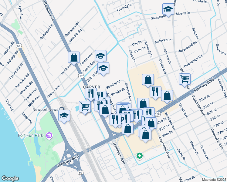 map of restaurants, bars, coffee shops, grocery stores, and more near 621 Brooke Street in Newport News