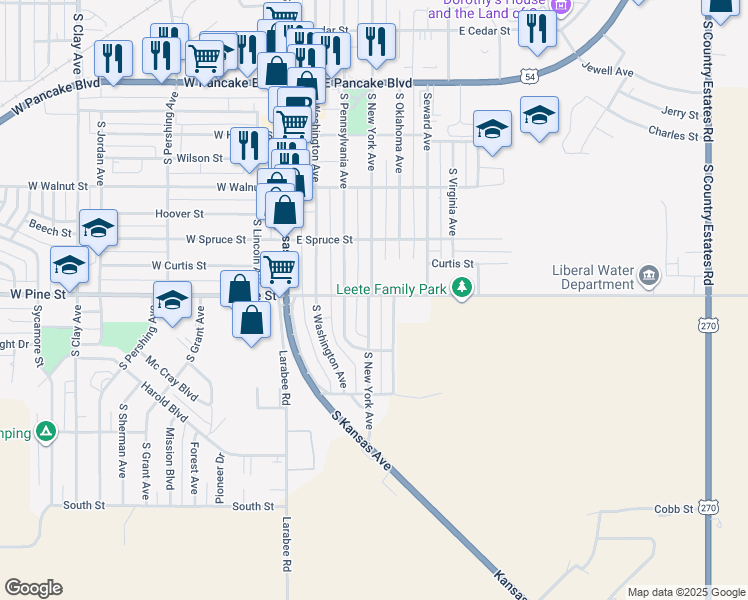 map of restaurants, bars, coffee shops, grocery stores, and more near 901 South New York Avenue in Liberal