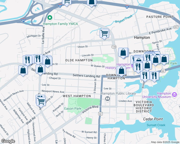 map of restaurants, bars, coffee shops, grocery stores, and more near 227 Settlers Landing Road in Hampton