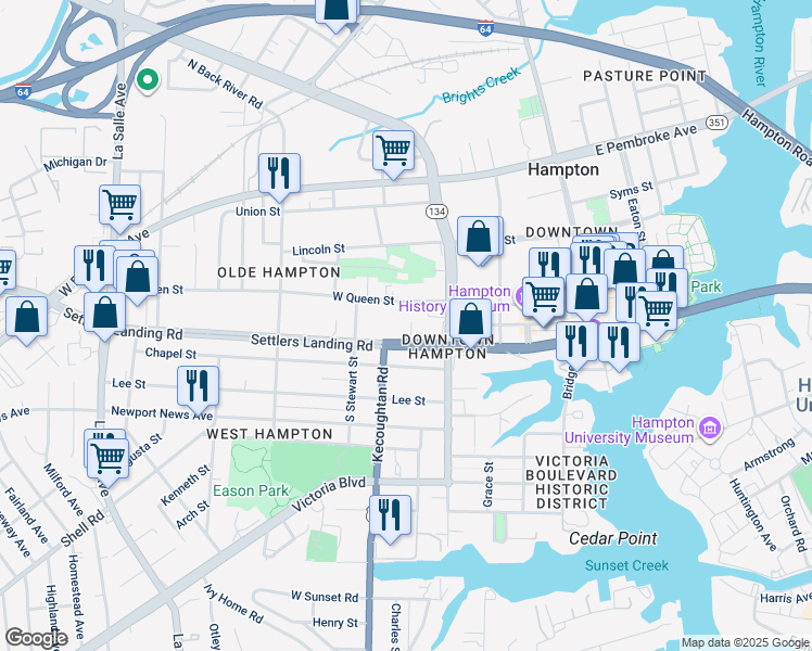 map of restaurants, bars, coffee shops, grocery stores, and more near 28 Bacon Street in Hampton