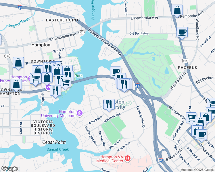 map of restaurants, bars, coffee shops, grocery stores, and more near 8 Hampton Harbor Avenue in Hampton