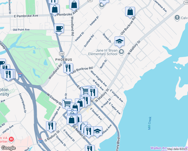 map of restaurants, bars, coffee shops, grocery stores, and more near 61 West Virginia Avenue in Hampton
