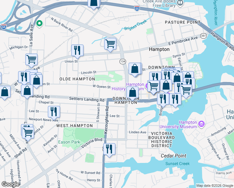 map of restaurants, bars, coffee shops, grocery stores, and more near 335 Settlers Landing Road in Hampton
