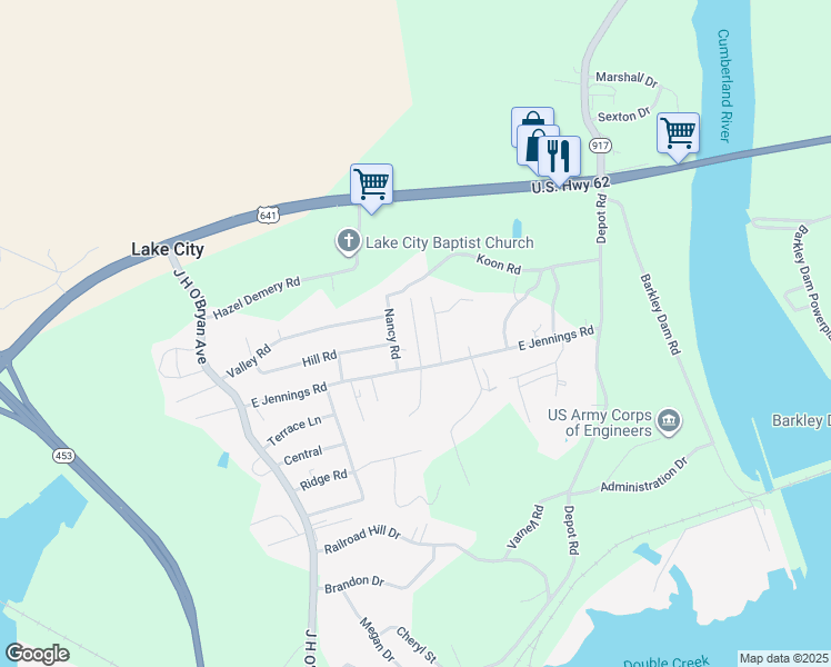 map of restaurants, bars, coffee shops, grocery stores, and more near 171 Mountain Road in Grand Rivers