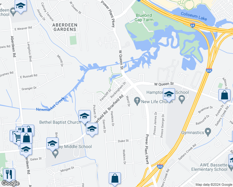 map of restaurants, bars, coffee shops, grocery stores, and more near 23 Rockingham Drive in Hampton