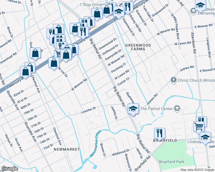 map of restaurants, bars, coffee shops, grocery stores, and more near 3405 West Lewis Road in Hampton