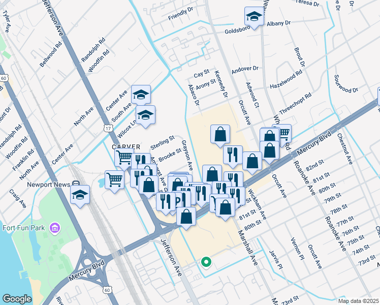 map of restaurants, bars, coffee shops, grocery stores, and more near 6112 Grayson Avenue in Newport News