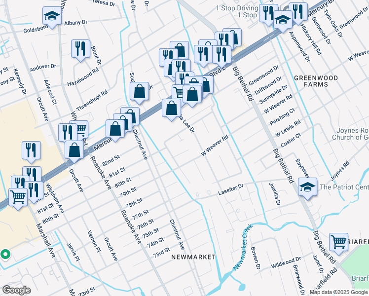 map of restaurants, bars, coffee shops, grocery stores, and more near 1310 Wolftrap Court in Newport News