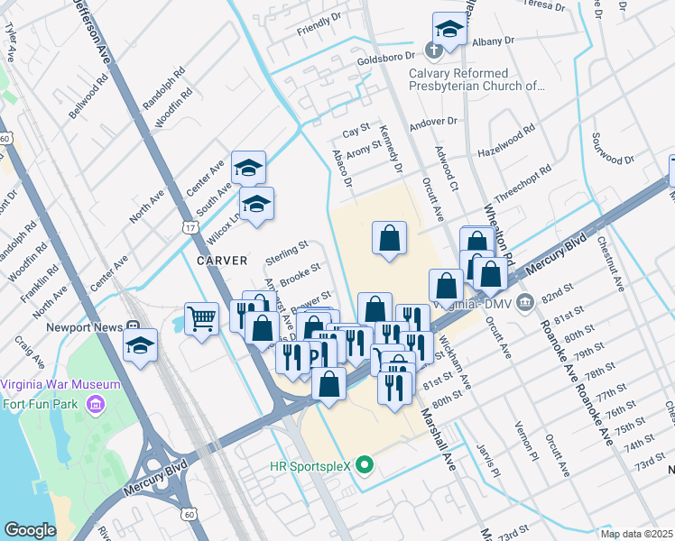 map of restaurants, bars, coffee shops, grocery stores, and more near 6112 Grayson Avenue in Newport News