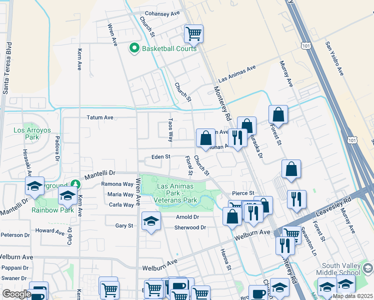 map of restaurants, bars, coffee shops, grocery stores, and more near 240 Ronan Avenue in Gilroy