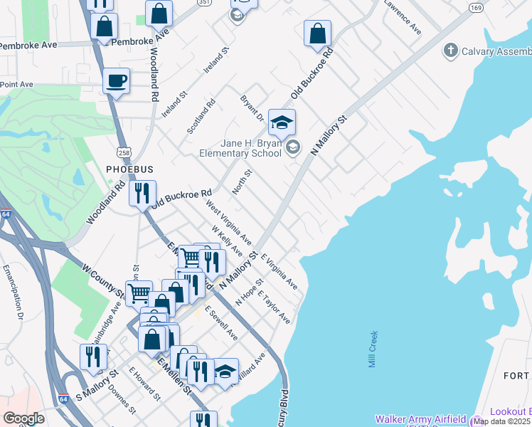 map of restaurants, bars, coffee shops, grocery stores, and more near 11 West Chamberlin Avenue in Hampton