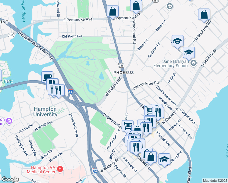 map of restaurants, bars, coffee shops, grocery stores, and more near 155 Frissell Street in Hampton