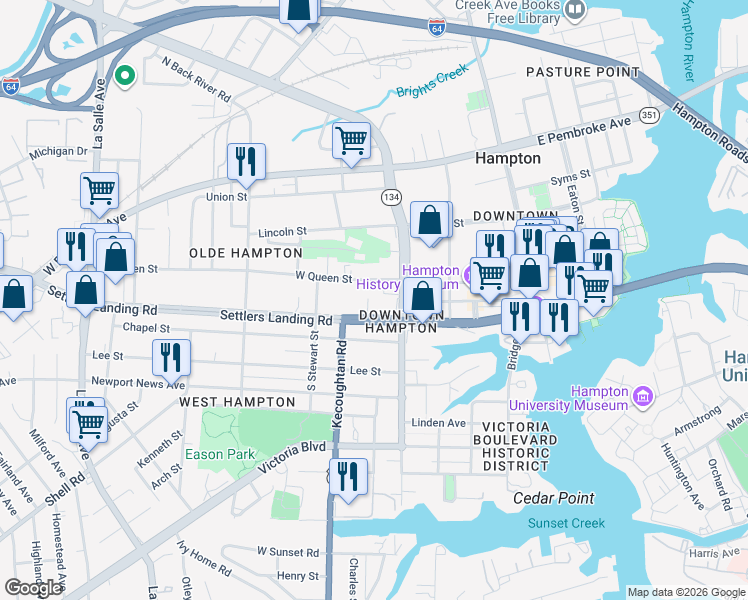 map of restaurants, bars, coffee shops, grocery stores, and more near 335 Settlers Landing Road in Hampton