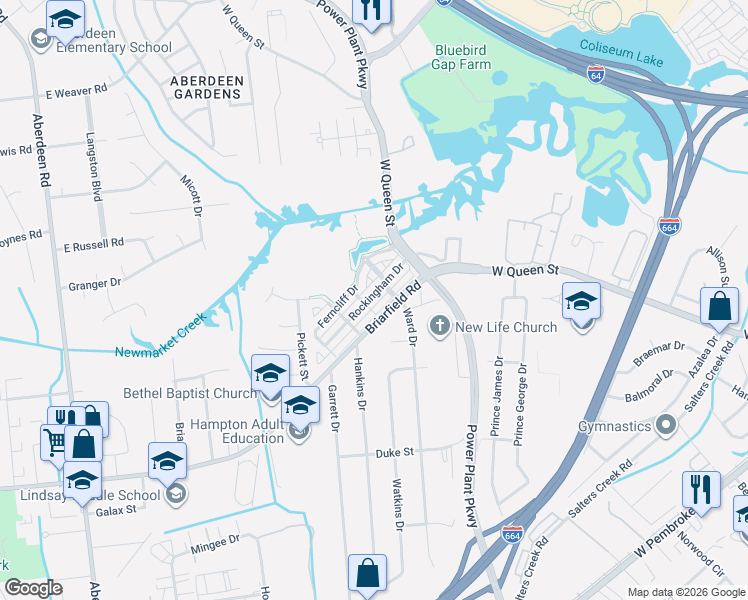 map of restaurants, bars, coffee shops, grocery stores, and more near 33 Rockingham Drive in Hampton