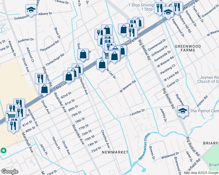 map of restaurants, bars, coffee shops, grocery stores, and more near 1310 Wolftrap Court in Newport News