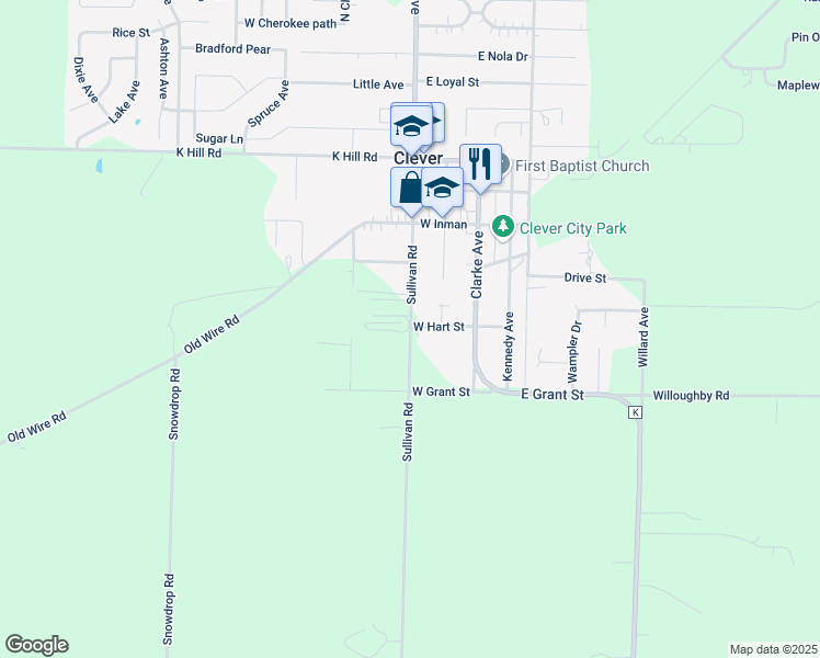map of restaurants, bars, coffee shops, grocery stores, and more near South Public Avenue in Clever