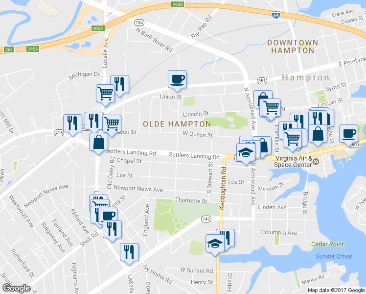 map of restaurants, bars, coffee shops, grocery stores, and more near 203 Settlers Landing Road in Hampton