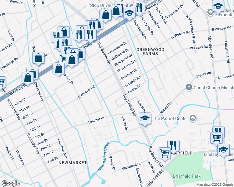 map of restaurants, bars, coffee shops, grocery stores, and more near 3405 West Lewis Road in Hampton