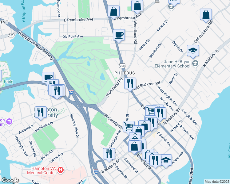 map of restaurants, bars, coffee shops, grocery stores, and more near 155 Frissell Street in Hampton