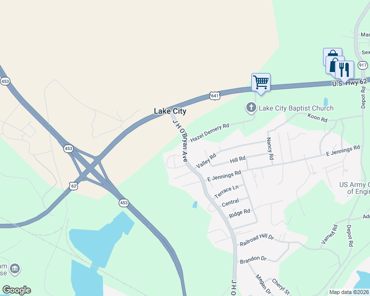 map of restaurants, bars, coffee shops, grocery stores, and more near J H O'Bryan Avenue in Grand Rivers