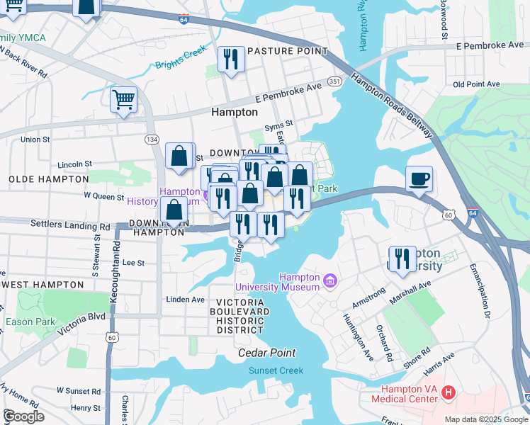 map of restaurants, bars, coffee shops, grocery stores, and more near 28 South King Street in Hampton