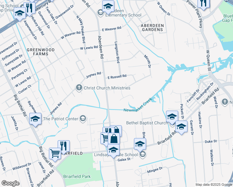 map of restaurants, bars, coffee shops, grocery stores, and more near 1028 Barry Court in Hampton