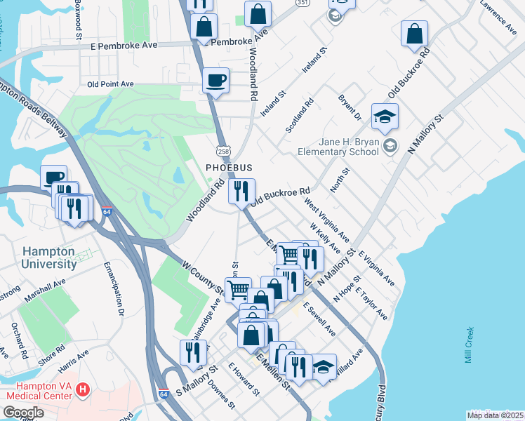 map of restaurants, bars, coffee shops, grocery stores, and more near 309 Clay Street in Hampton